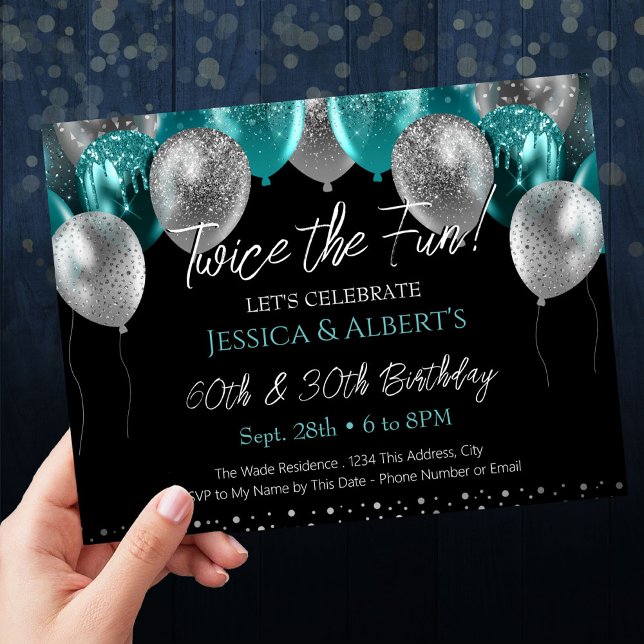 Double Birthday Teal and Silver Balloon Invitation (Creator Uploaded)