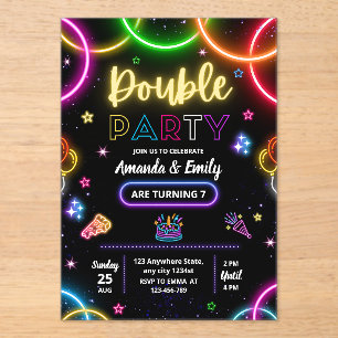 Double Birthday Twin Neon Siblings Birthday Glow Acrylic Invitations