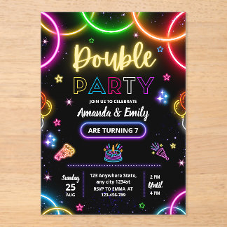 Double Birthday Twin Neon Siblings Birthday Glow Acrylic Invitations