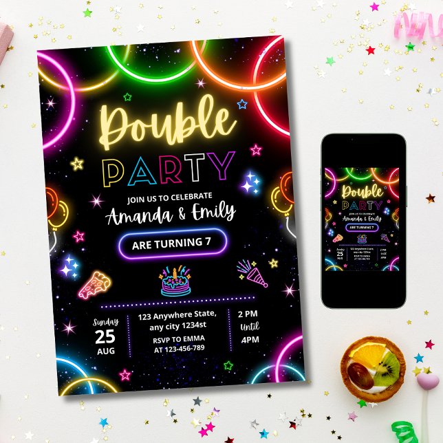 Double Birthday Twin Neon Siblings Birthday Glow Invitation (Creator Uploaded)