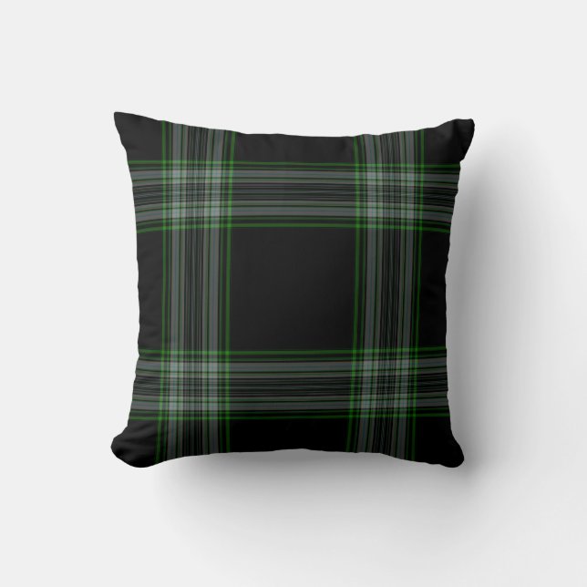 Double Black Green Giant Tartan Plaid Throw Pillow (Front)