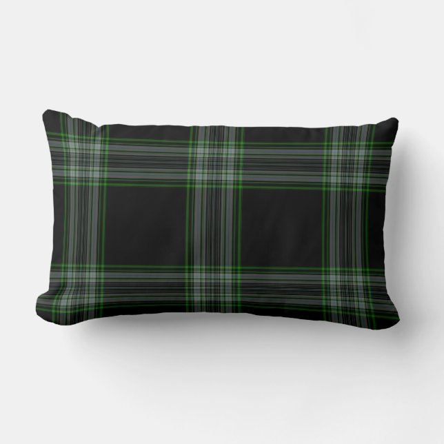 Double Black Green Tartan Plaid Lumbar Pillow (Front)