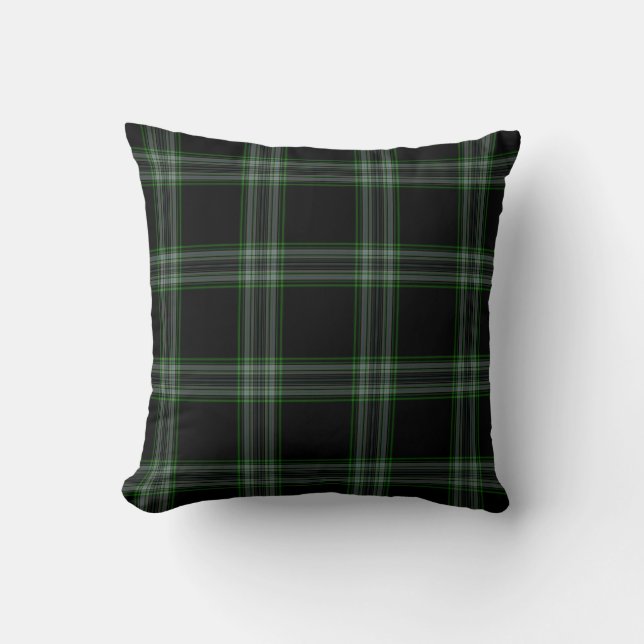 Double Black Green Tartan Plaid Throw Pillow (Front)