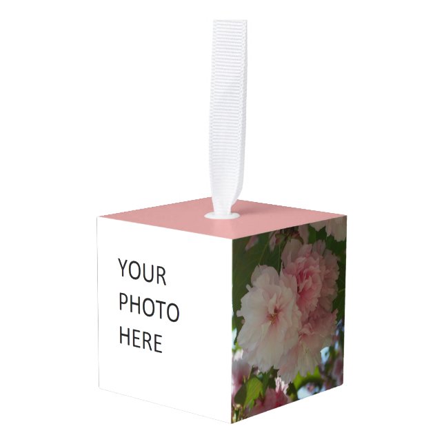 Double Blossoming Cherry Tree I Spring Floral Cube Ornament (Front Angled)