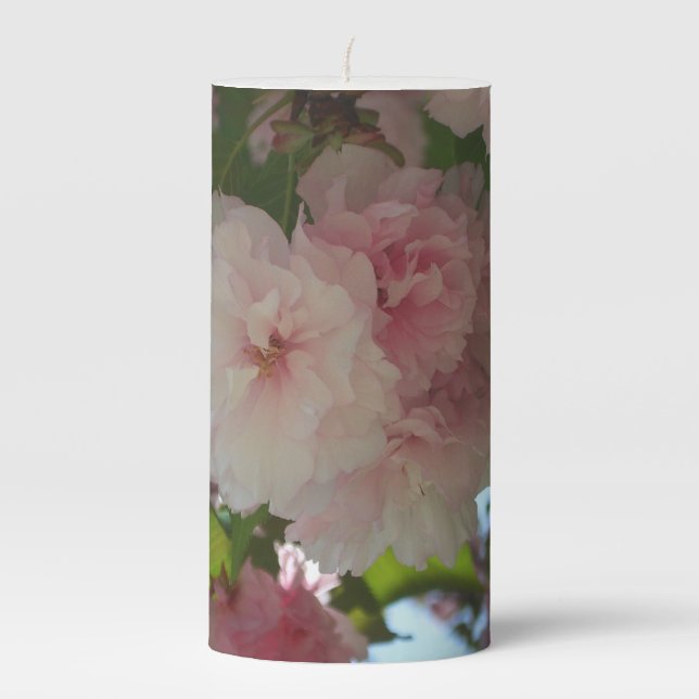 Double Blossoming Cherry Tree I Spring Floral Pillar Candle (Front)