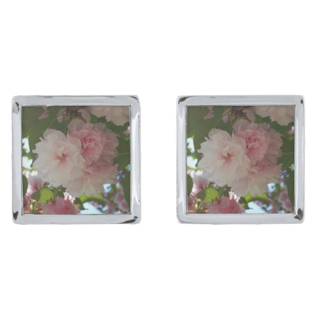 Double Blossoming Cherry Tree I Spring Floral Silver Cufflinks (Front)