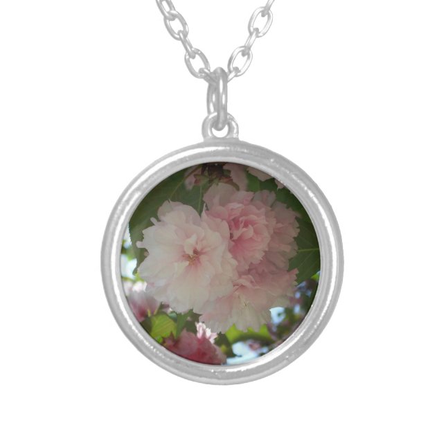 Double Blossoming Cherry Tree I Spring Floral Silver Plated Necklace (Front)