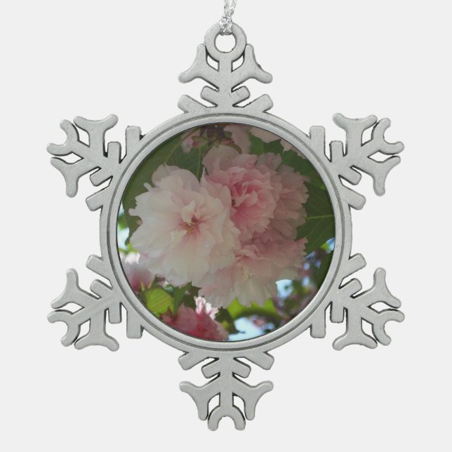 Double Blossoming Cherry Tree I Spring Floral Snowflake Pewter Christmas Ornament (Front)