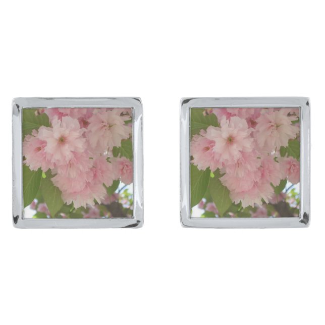 Double Blossoming Cherry Tree II Spring Floral Silver Cufflinks (Front)