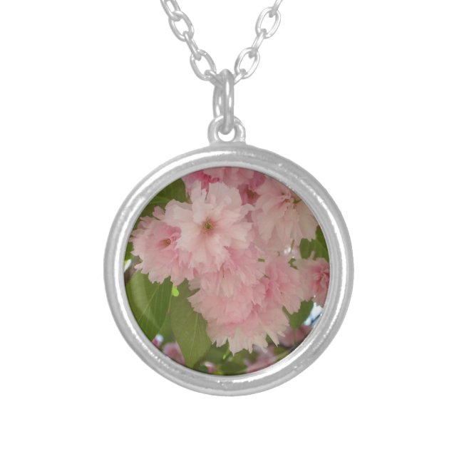 Double Blossoming Cherry Tree II Spring Floral Silver Plated Necklace (Front)