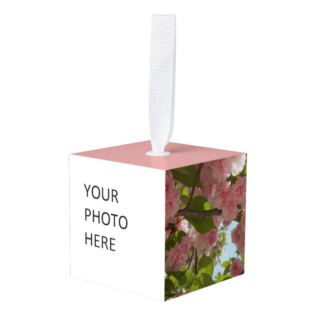 Double Blossoming Cherry Tree III Spring Floral Cube Ornament (Front Angled)