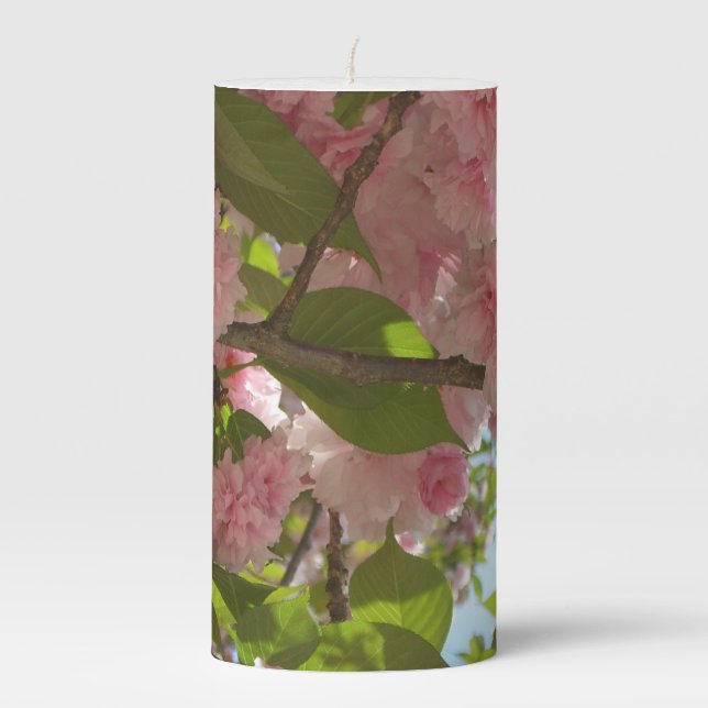 Double Blossoming Cherry Tree III Spring Floral Pillar Candle (Front)