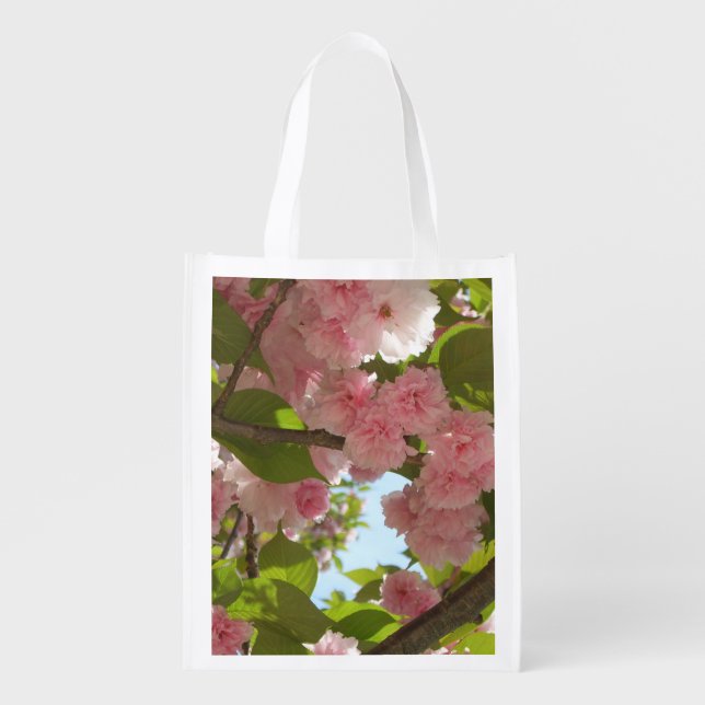 Double Blossoming Cherry Tree III Spring Floral Reusable Grocery Bag (Front)