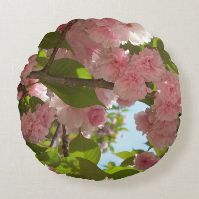 Double Blossoming Cherry Tree III Spring Floral Round Pillow (Front)