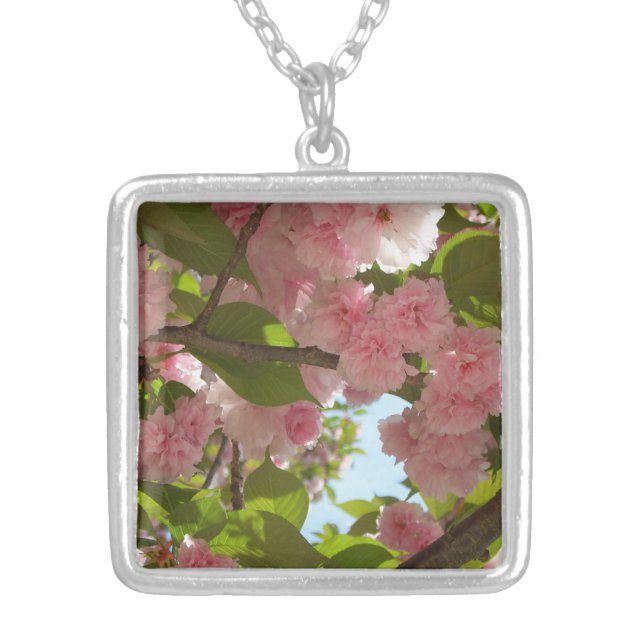 Double Blossoming Cherry Tree III Spring Floral Silver Plated Necklace (Front)