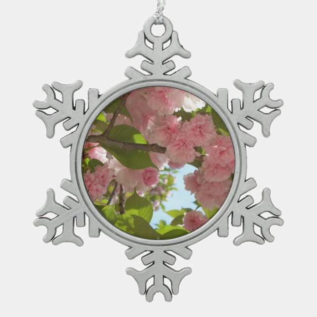 Double Blossoming Cherry Tree III Spring Floral Snowflake Pewter Christmas Ornament (Front)