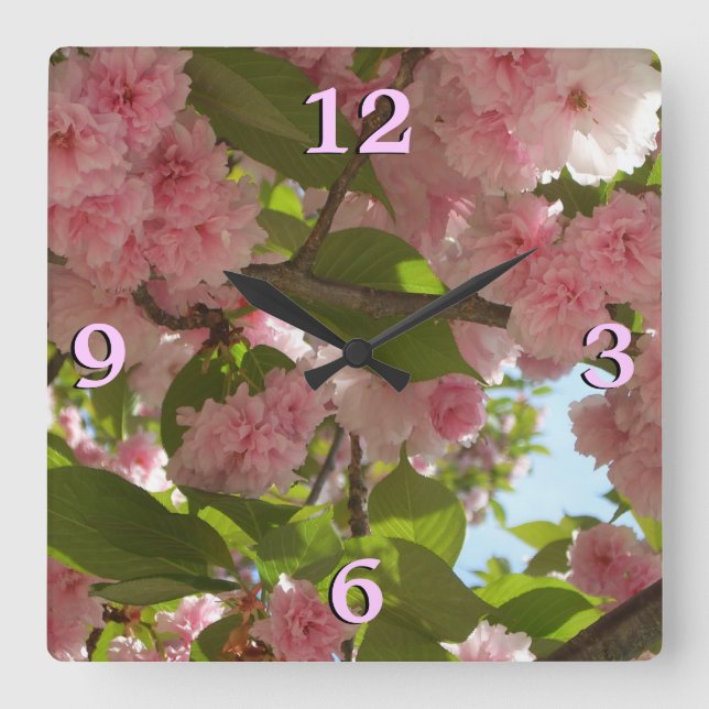 Double Blossoming Cherry Tree III Spring Floral Square Wall Clock (Front)