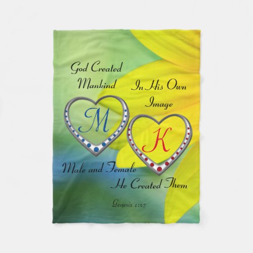Double Blue and Red Heart Monograms wBible Quote Fleece Blanket