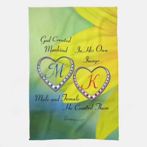 Double Blue and Red Heart Monograms wBible Quote Kitchen Towel