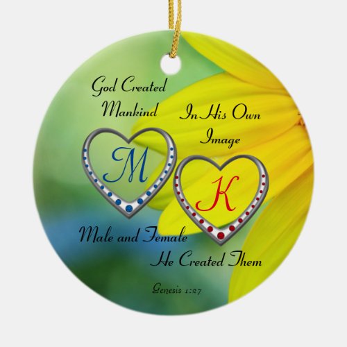 Double Blue and Red Heart Monograms with Bible Quo Ceramic Ornament