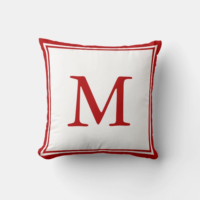 Double Border and Letter Red and White Throw Pillow (Front)