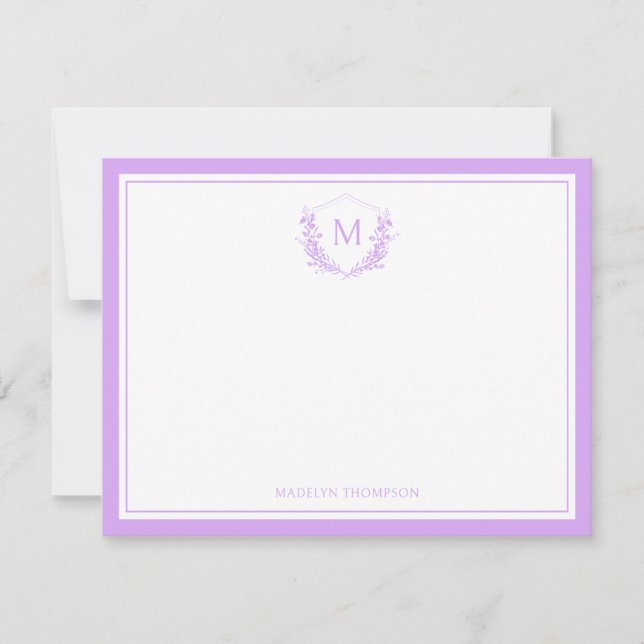 Double Border Lavender Floral Crest Monogram Note Card (Front)