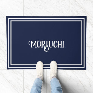 Double Border Navy Blue and White Family Name Doormat