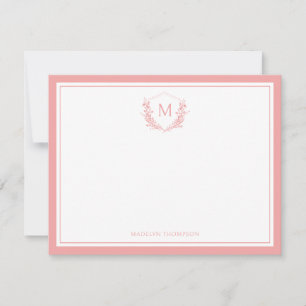 Double Border Peach Floral Crest Classic Monogram Note Card