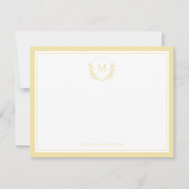 Double Border Yellow Floral Crest Classic Monogram Note Card (Front)