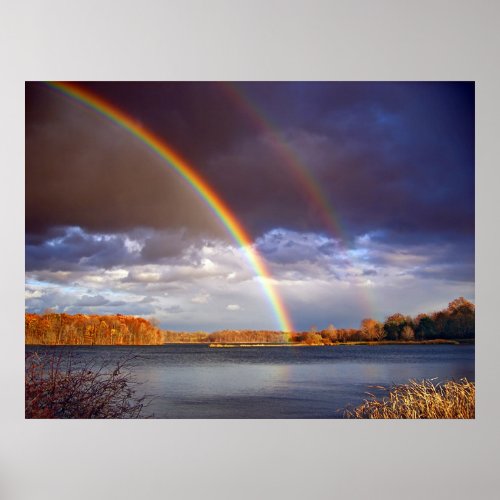 Double Bows Rainbows over lake Poster