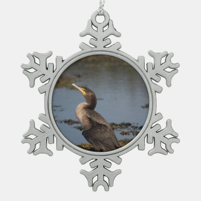 Double breasted cormorant snowflake pewter christmas ornament (Front)