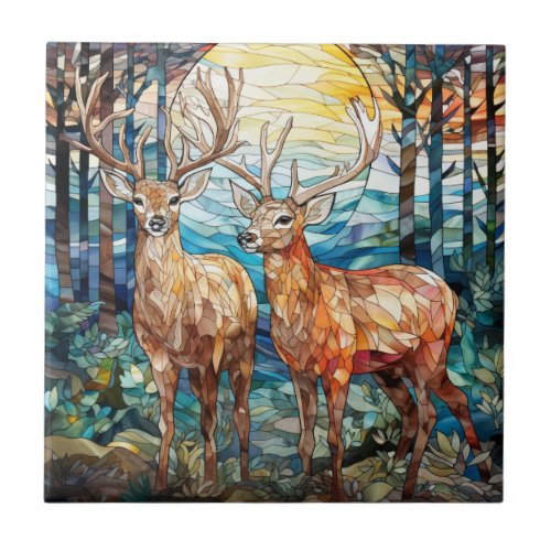 Double Buck Deer Forest Stained Glass Ceramic Tile