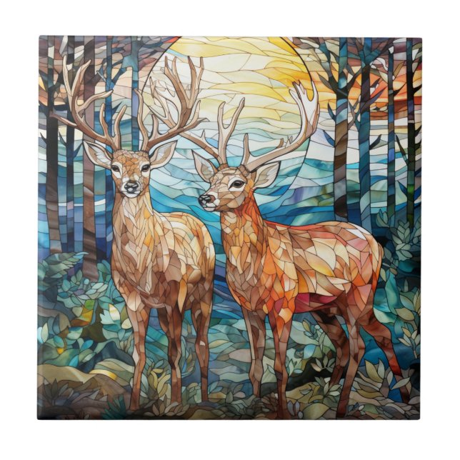Double Buck Deer Forest Stained Glass Ceramic Tile (Front)