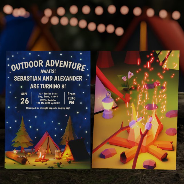 Double Camping Outdoor Adventure Awaits Birthday Invitation (Double Camping Outdoor Adventure Awaits Birthday Invitation)