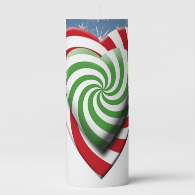 Double Candy Cane Hearts Christmas Color Snowflake Pillar Candle (Front)