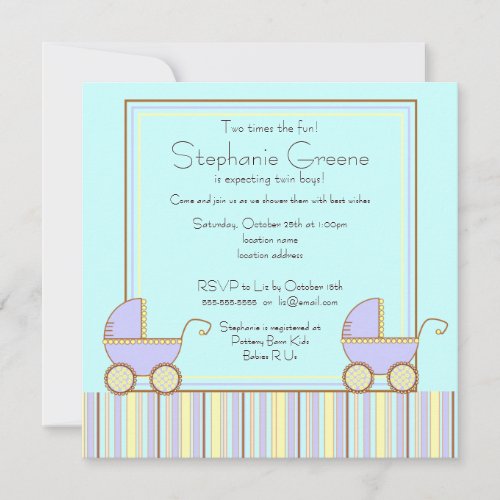 Double Carriage Twin Boy Baby Shower Invitation