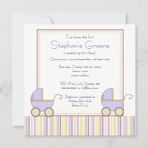 Double Carriage Twin Boy Baby Shower Invitation