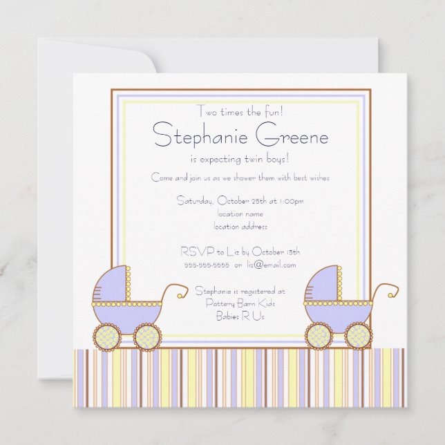 Double Carriage Twin Boy Baby Shower Invitation (Front)