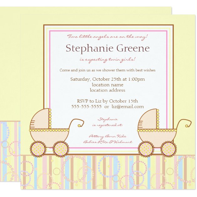 Double Carriage Twin Girl Baby Shower Invitation