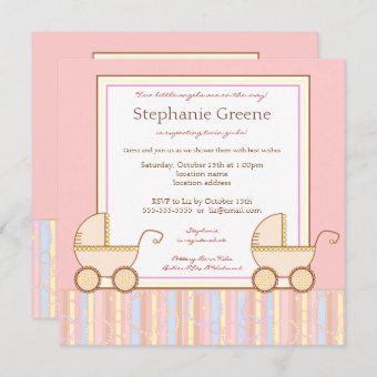 Double Carriage Twin Girl Baby Shower Invitation | Zazzle