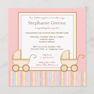 Double Carriage Twin Girl Baby Shower Invitation