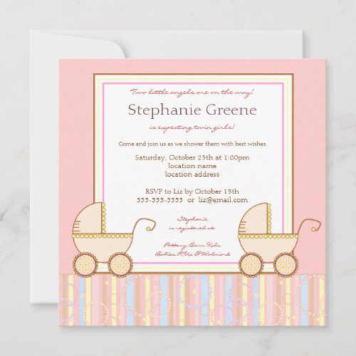 Double Carriage Twin Girl Baby Shower Invitation