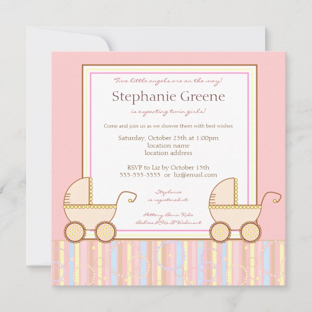 Double Carriage Twin Girl Baby Shower Invitation (Front)