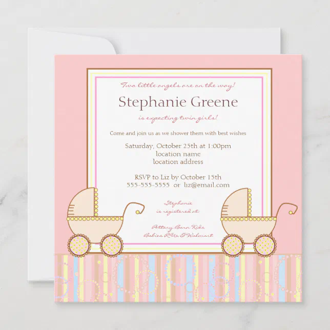 Double Carriage Twin Girl Baby Shower Invitation | Zazzle