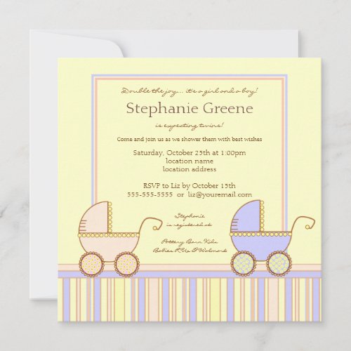 Double Carriage Twin Girl Boy Shower Invitation