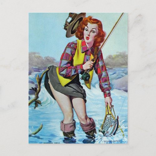 Double Catch Vintage pin up girl postcard