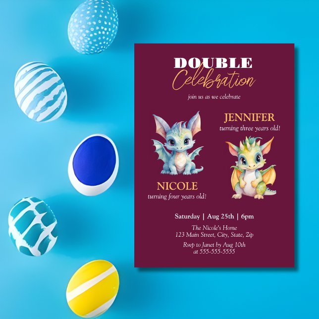 Double Celebration Cute Dragons Fairytale Birthday Invitation (Creator Uploaded)