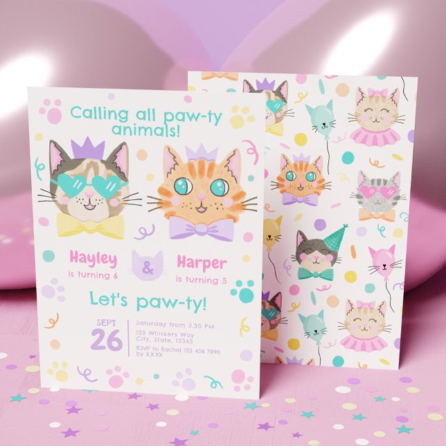 Double Celebration Cute Kitty Combined Birthday Invitation (Double Celebration Cute Kitty Combined Birthday Invitation)