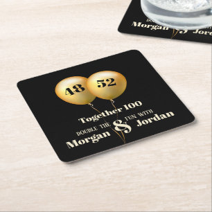 Double Celebration Joint Birthday Gold and Black Square Paper Coaster