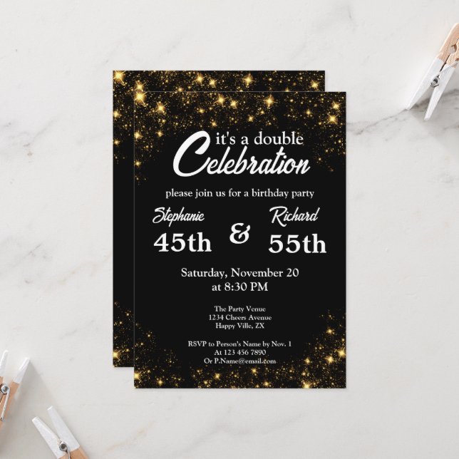 Double Celebration Joint Birthday Gold Black Invitation | Zazzle